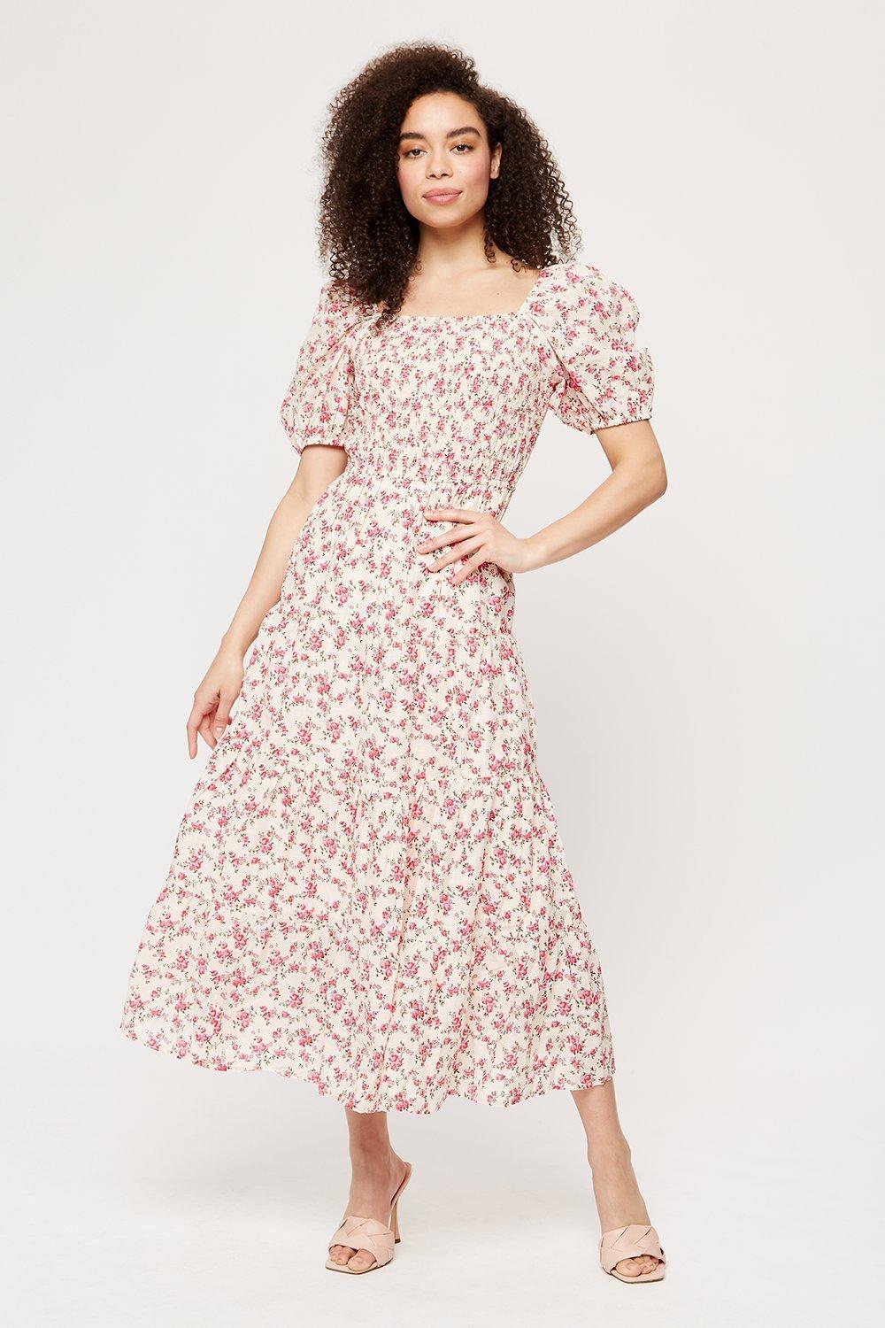 Dorothy Perkins Pink Ditsy Shirred Puff Sleeve Midi Dress | Debenhams