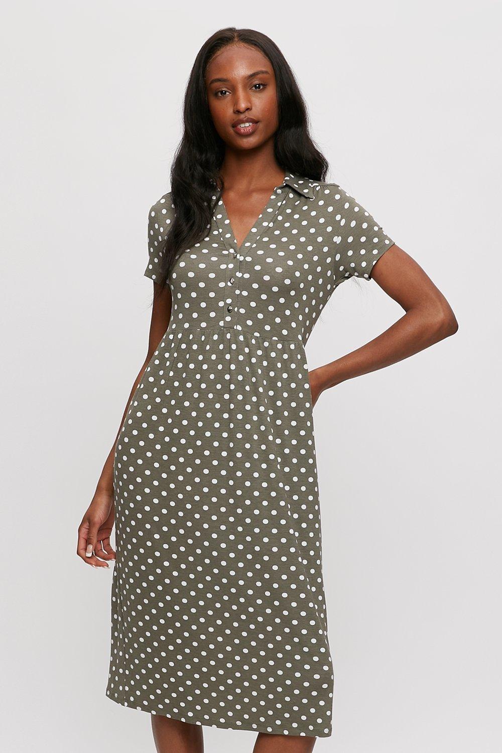 Dorothy Perkins Khaki Spot Tiered Shirt Midi Dress | Debenhams
