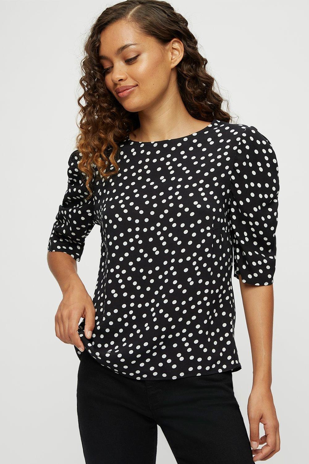 Tops | Petite Black Spot Ruched Sleeve Top | Dorothy Perkins