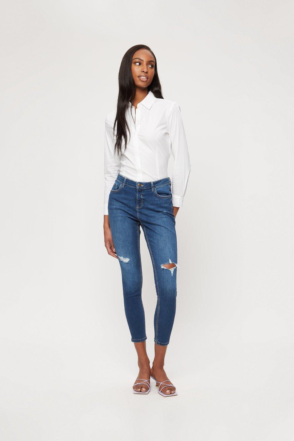 jeans | Indigo Rip Knee Darcy Jeans | Dorothy Perkins