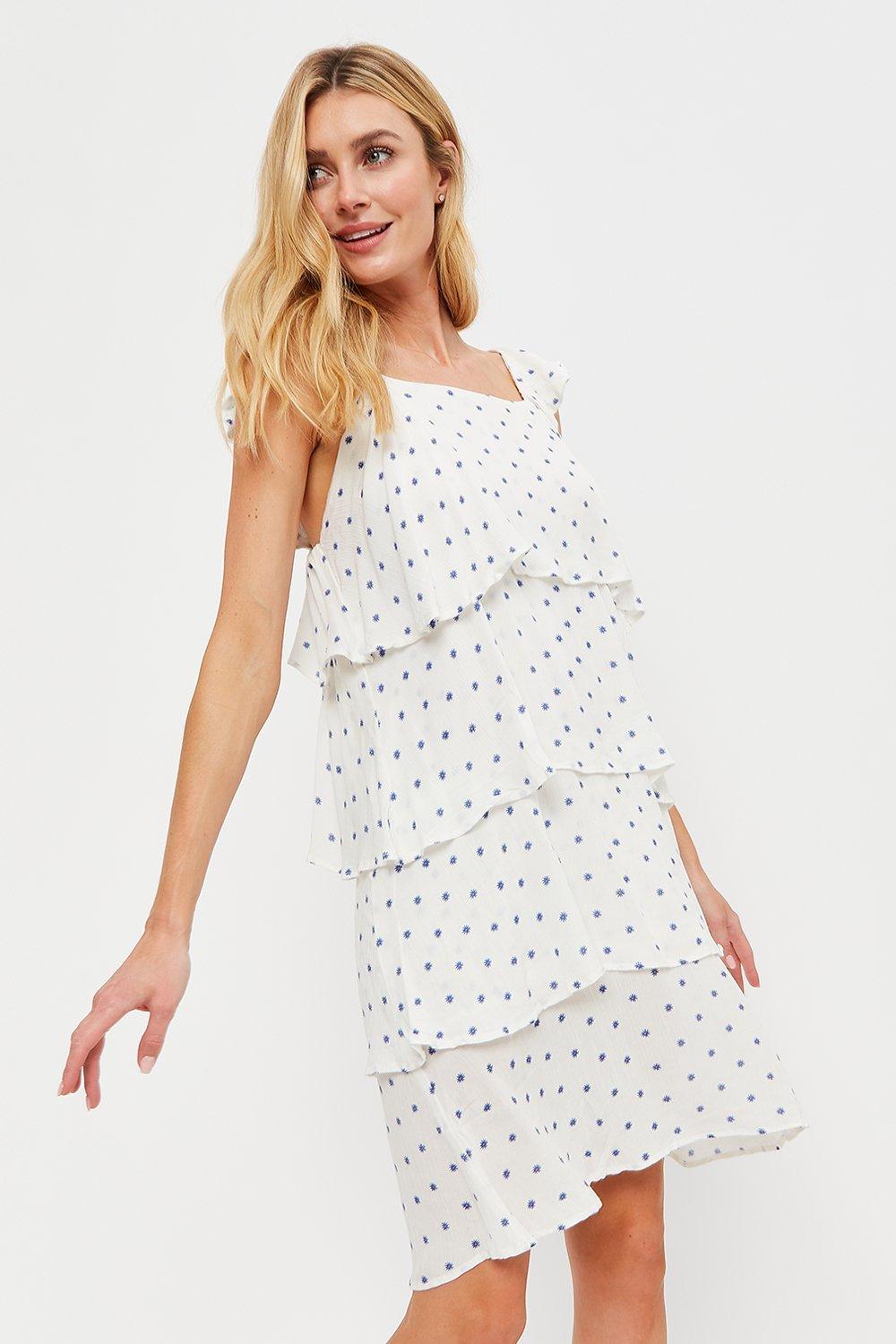Dresses | Tall White And Blue Mini Spot Tiered Dress | Dorothy Perkins