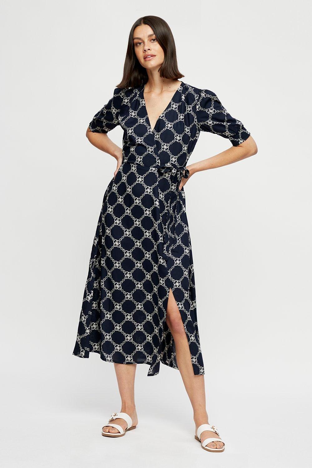 Dresses | Navy Geo Wrap Midi Dress | Dorothy Perkins