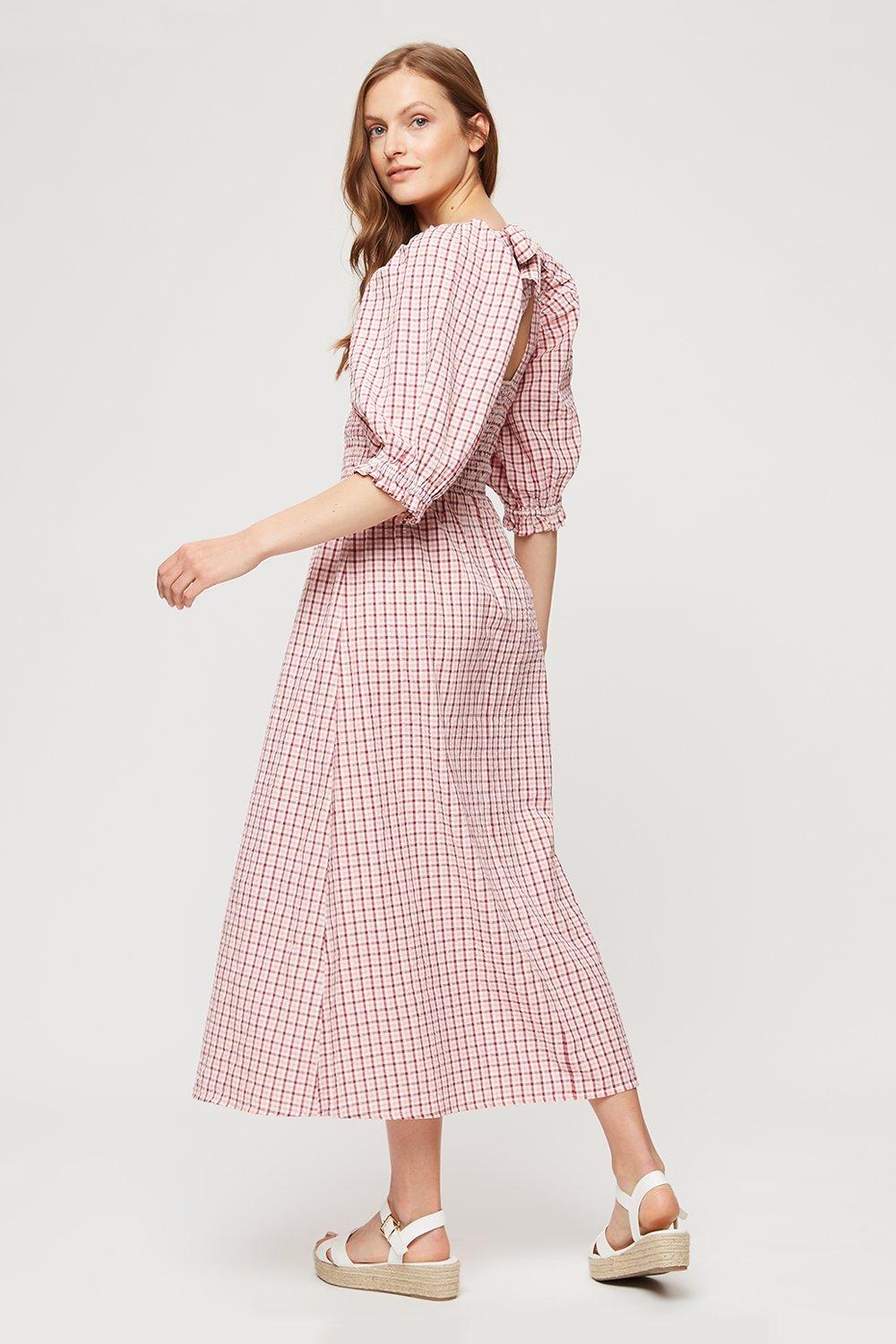 Dresses Pink Gingham Tie Back Shirred Midi Dress Dorothy Perkins 3367