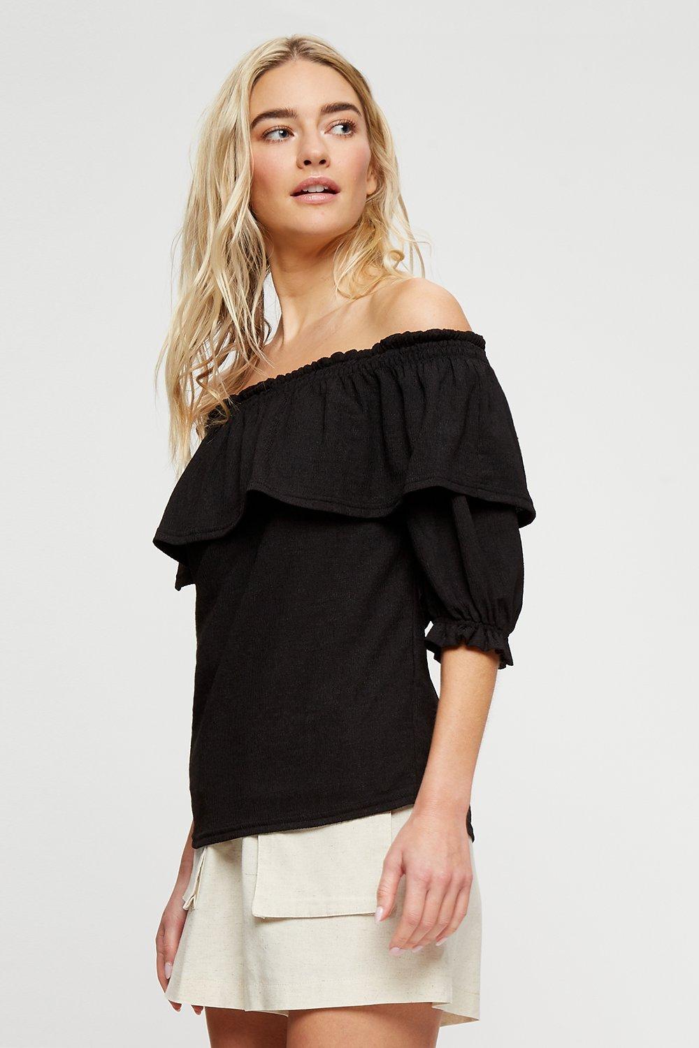 Tops | Textured 3/4 Sleeve Frill Bardot | Dorothy Perkins