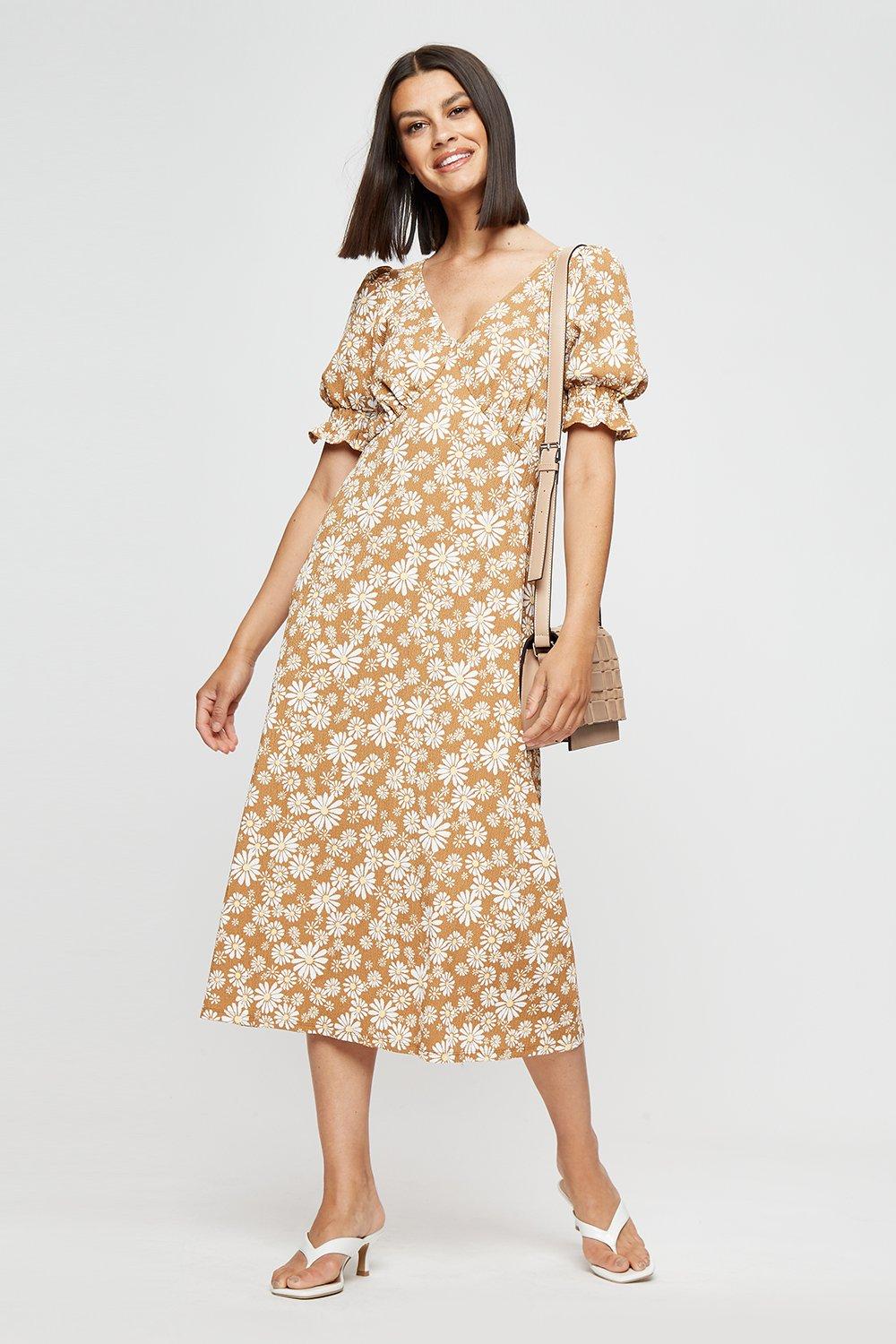 Dresses | Camel Daisy Textured Empire Midi Dress | Dorothy Perkins