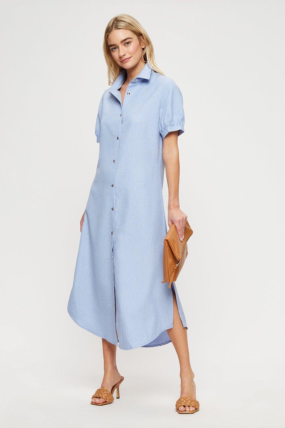 Dorothy Perkins Blue Long Line Linen Look Midi Shirt Dress | Debenhams