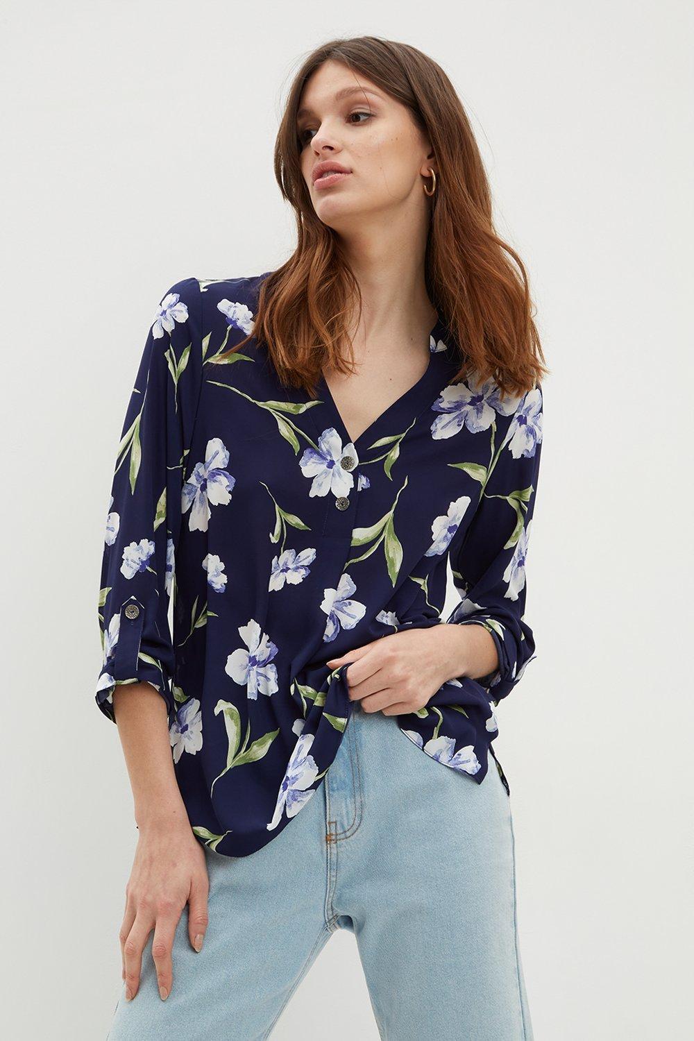 Tops | Navy Floral Roll Sleeve Top | Dorothy Perkins