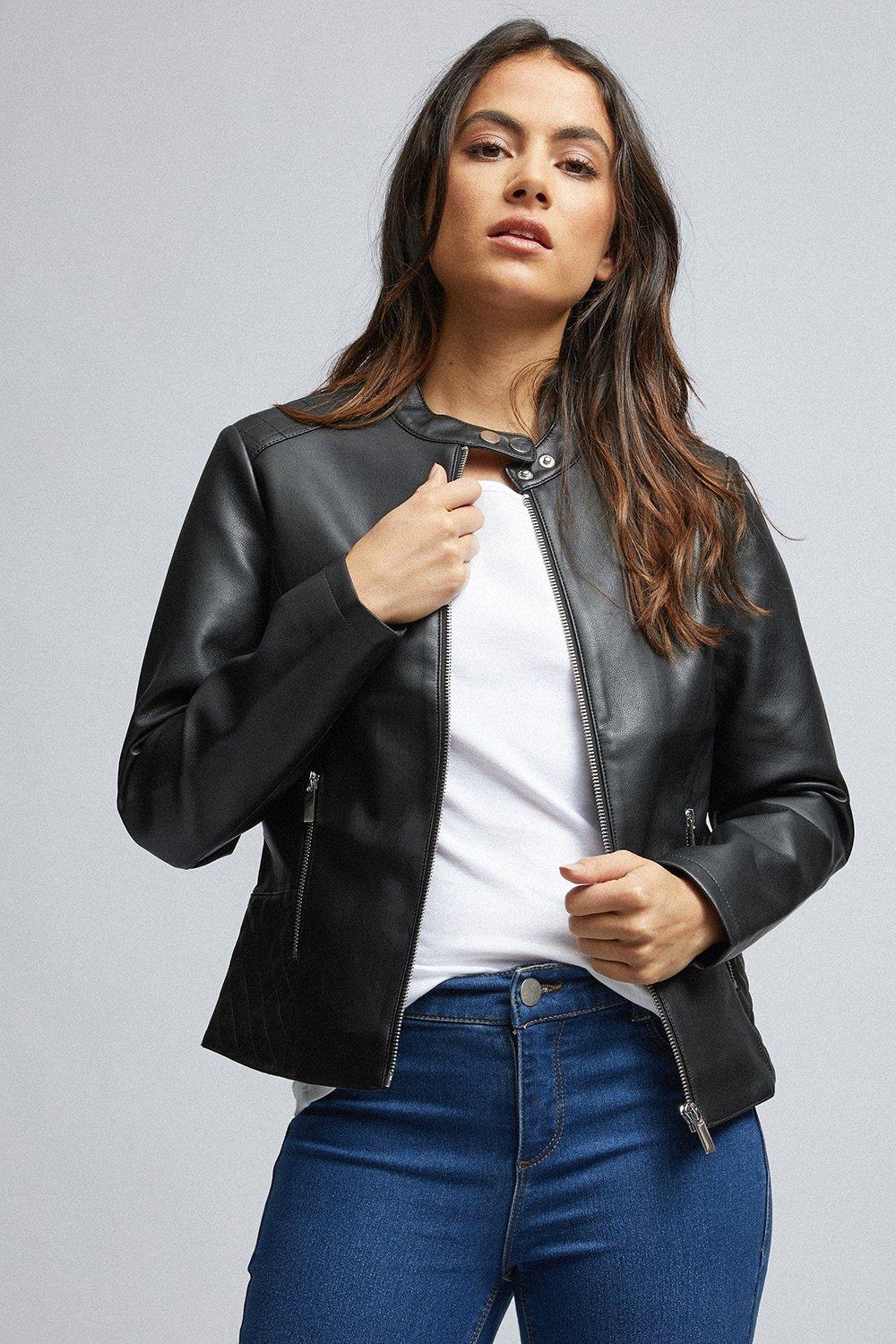 Jackets & Coats | Petites Black PU Biker Jacket | Dorothy Perkins