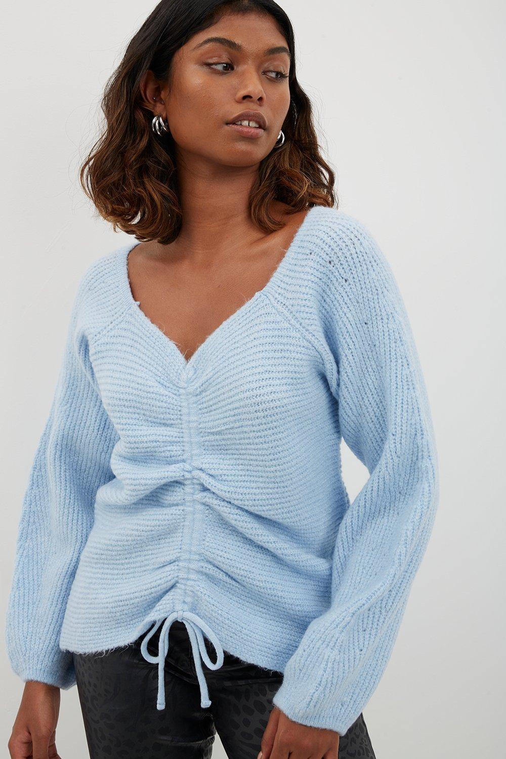 Jumpers & Cardigans | Blue Drawcord Volume Sleeve Jumper | Dorothy Perkins