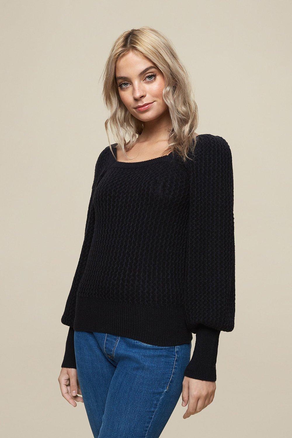 Jumpers & Cardigans | Petite Premium Knitted Black Square Neck Jumper ...