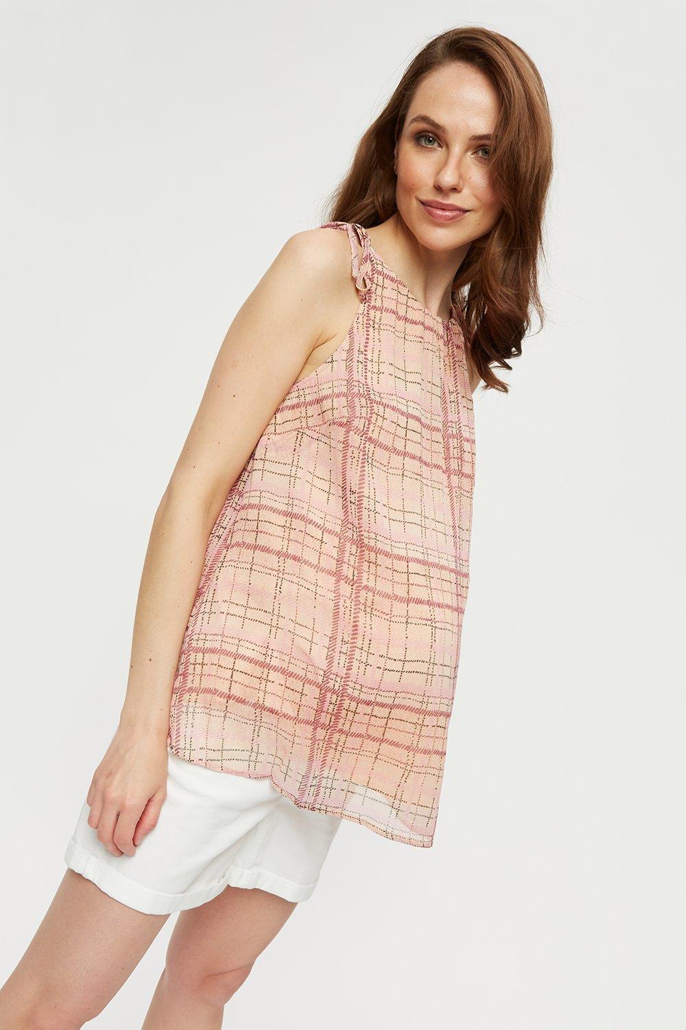 Womens Maternity Pink Check Tie Shoulder Cami