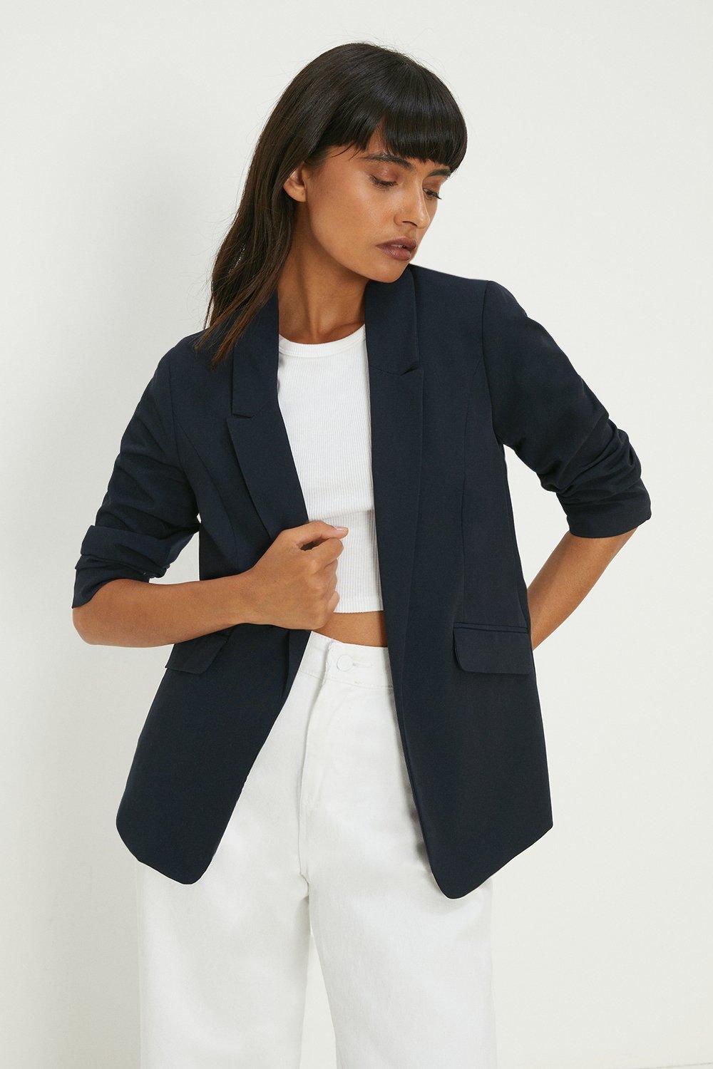 Suits | Navy Ruched Sleeve Blazer | Dorothy Perkins