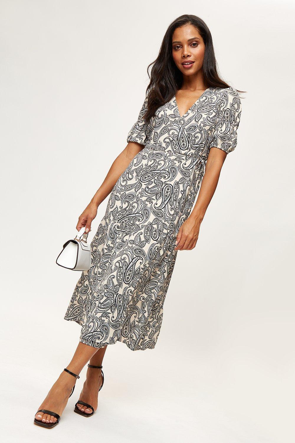 Dresses | Mono Paisley Wrap Midi Dress | Dorothy Perkins