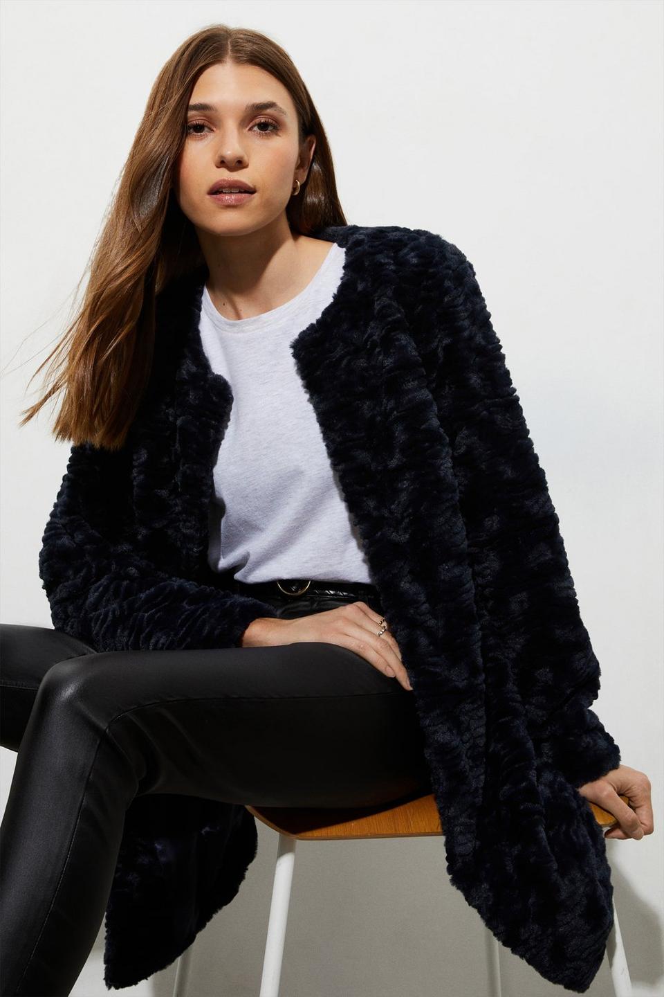Jackets & Coats | Collarless Textured Faux Fur Coat | Dorothy Perkins