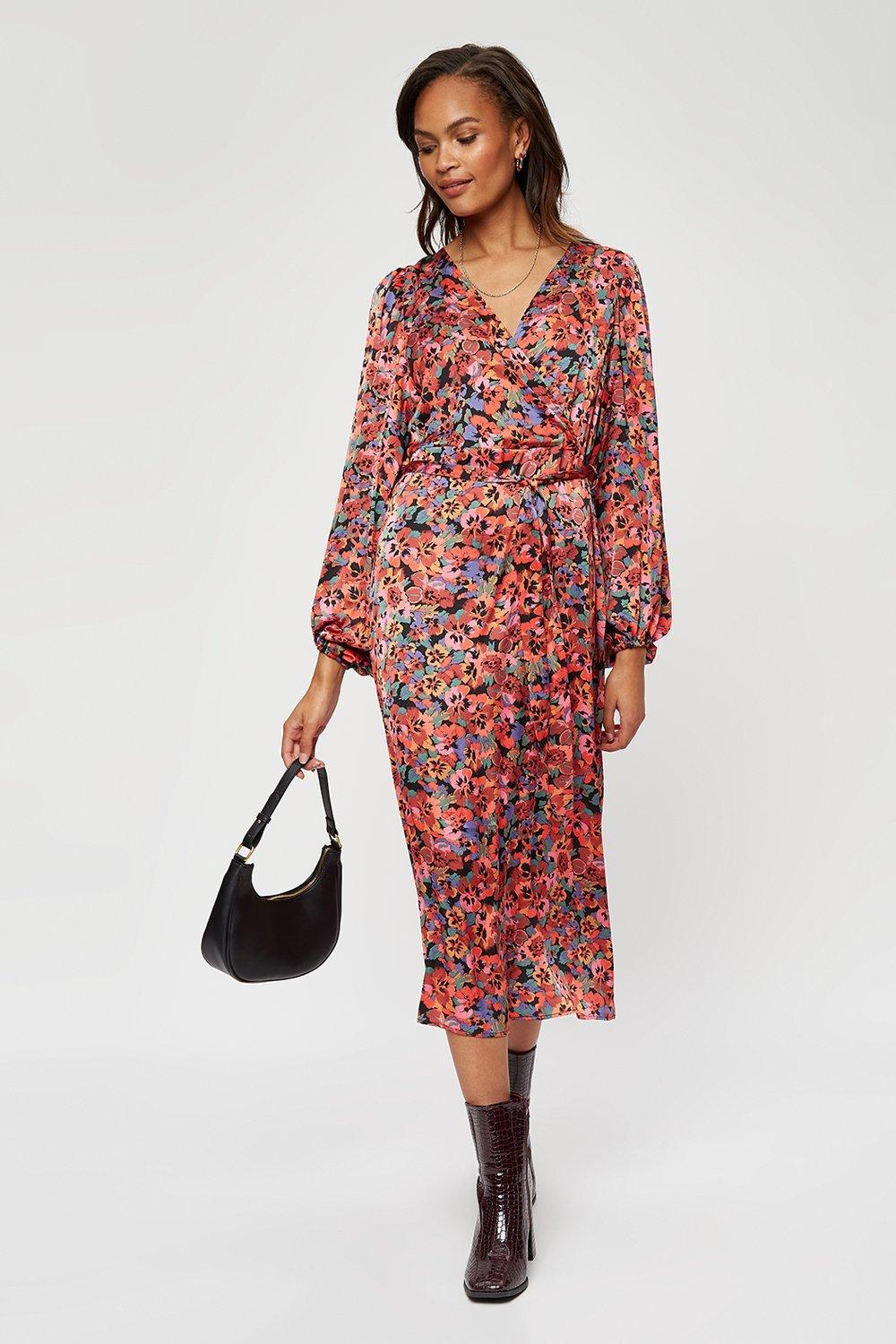 Dresses | Red Floral Wrap Volume Sleeve Midi Dress | Dorothy Perkins