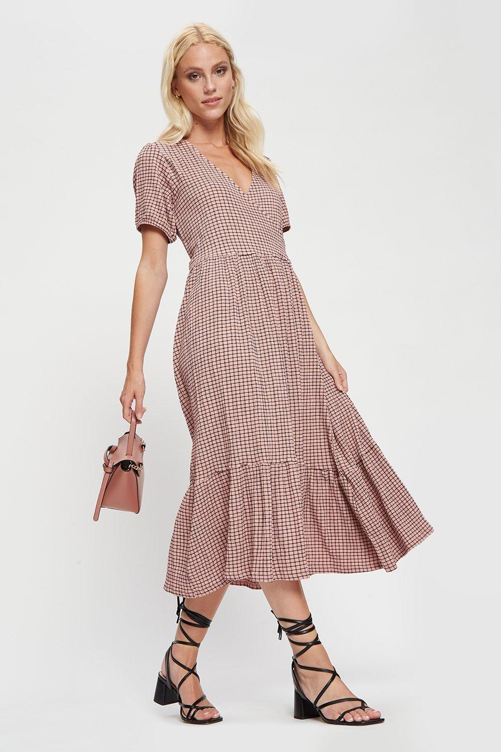 Dresses | Pink Check Textured Wrap Midi Dress | Dorothy Perkins
