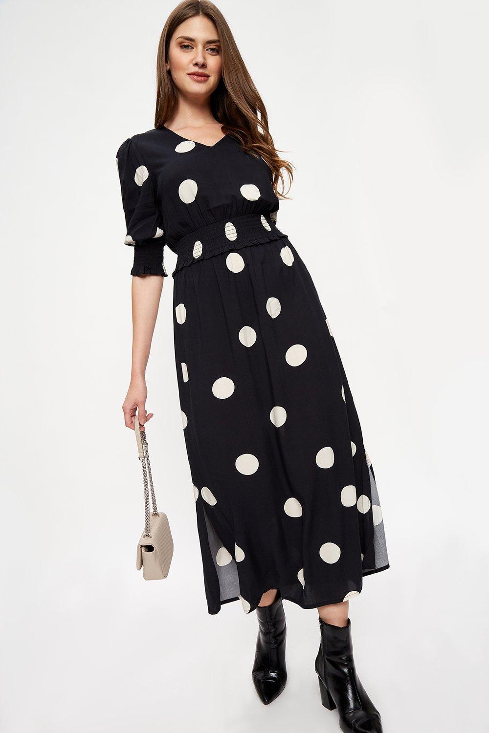 Dresses | Tall Black Spot Shirred Waist Midi Dress | Dorothy Perkins