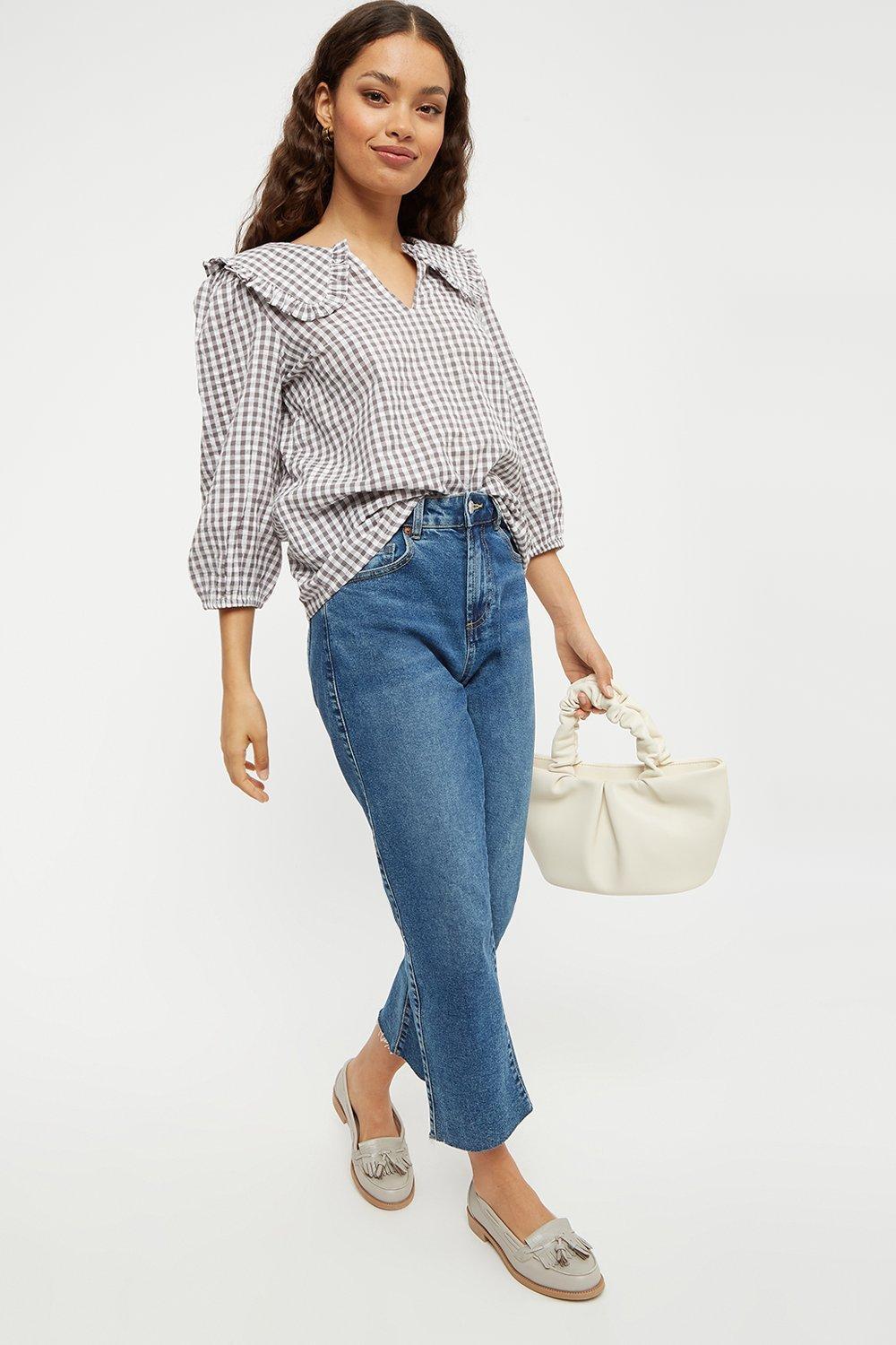 Tops | Petite Mocha Gingham Textured Collar Top | Dorothy Perkins