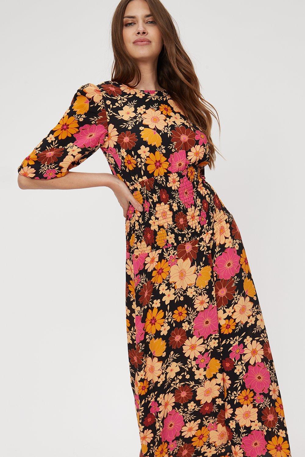 Dresses | Tall Pink Brown Floral Shirred Midi Dress | Dorothy Perkins image.
