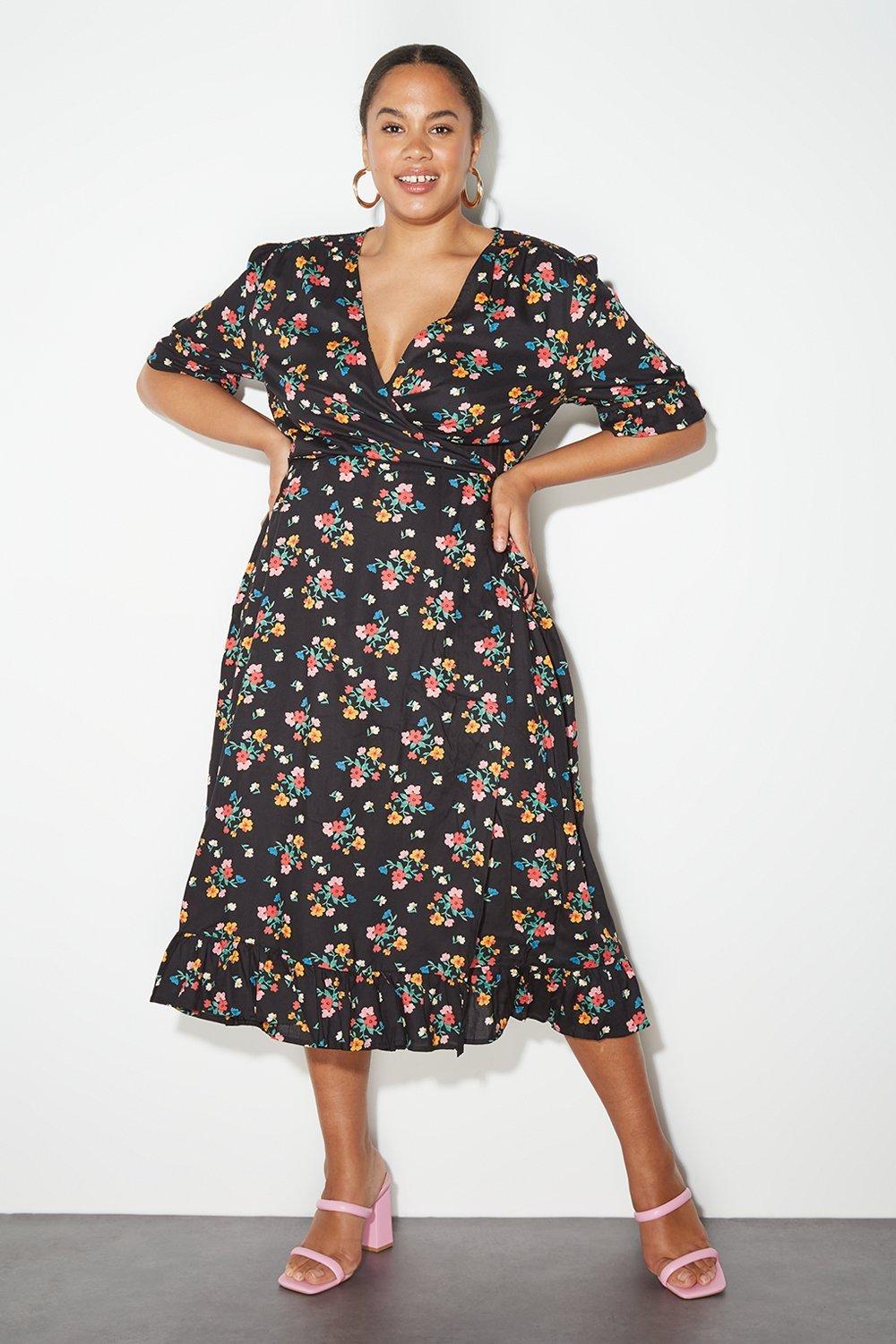 Dresses | Curve Pink Floral Print Wrap Over Midi Dress | Dorothy Perkins