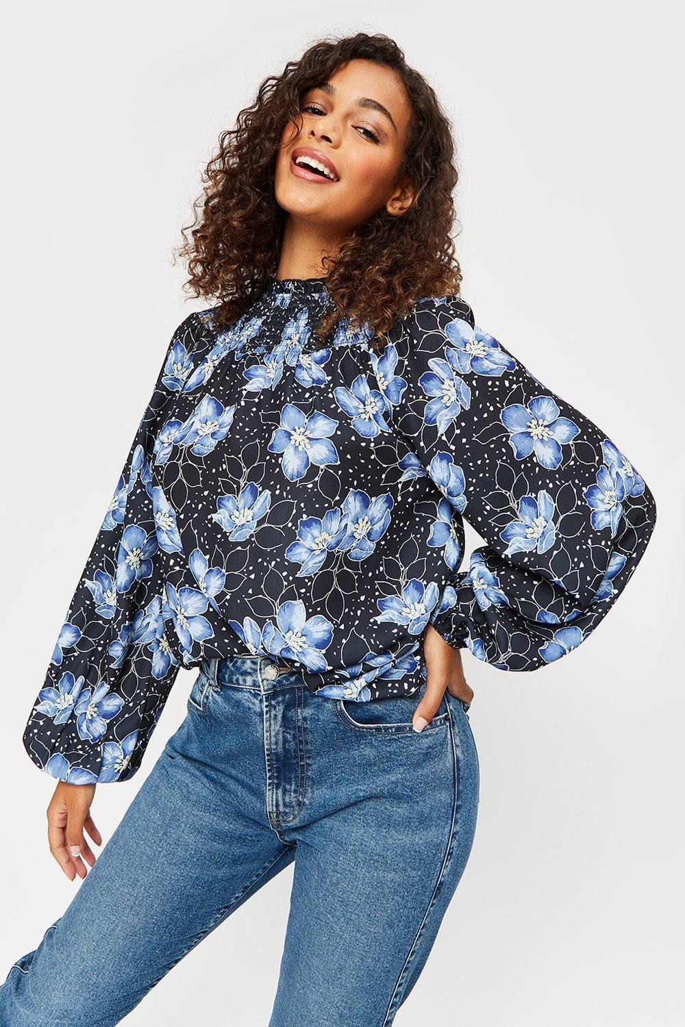 Tops | Blue Floral Shirred Neck Top | Dorothy Perkins