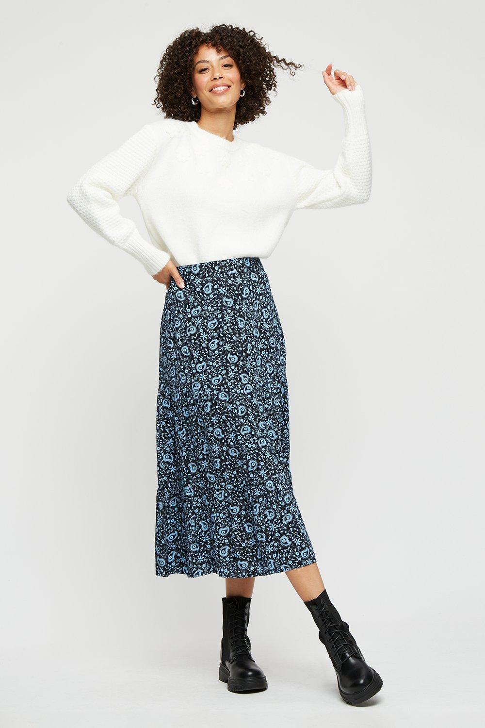Skirts | Blue Paisley Tiered Midi Skirt | Dorothy Perkins