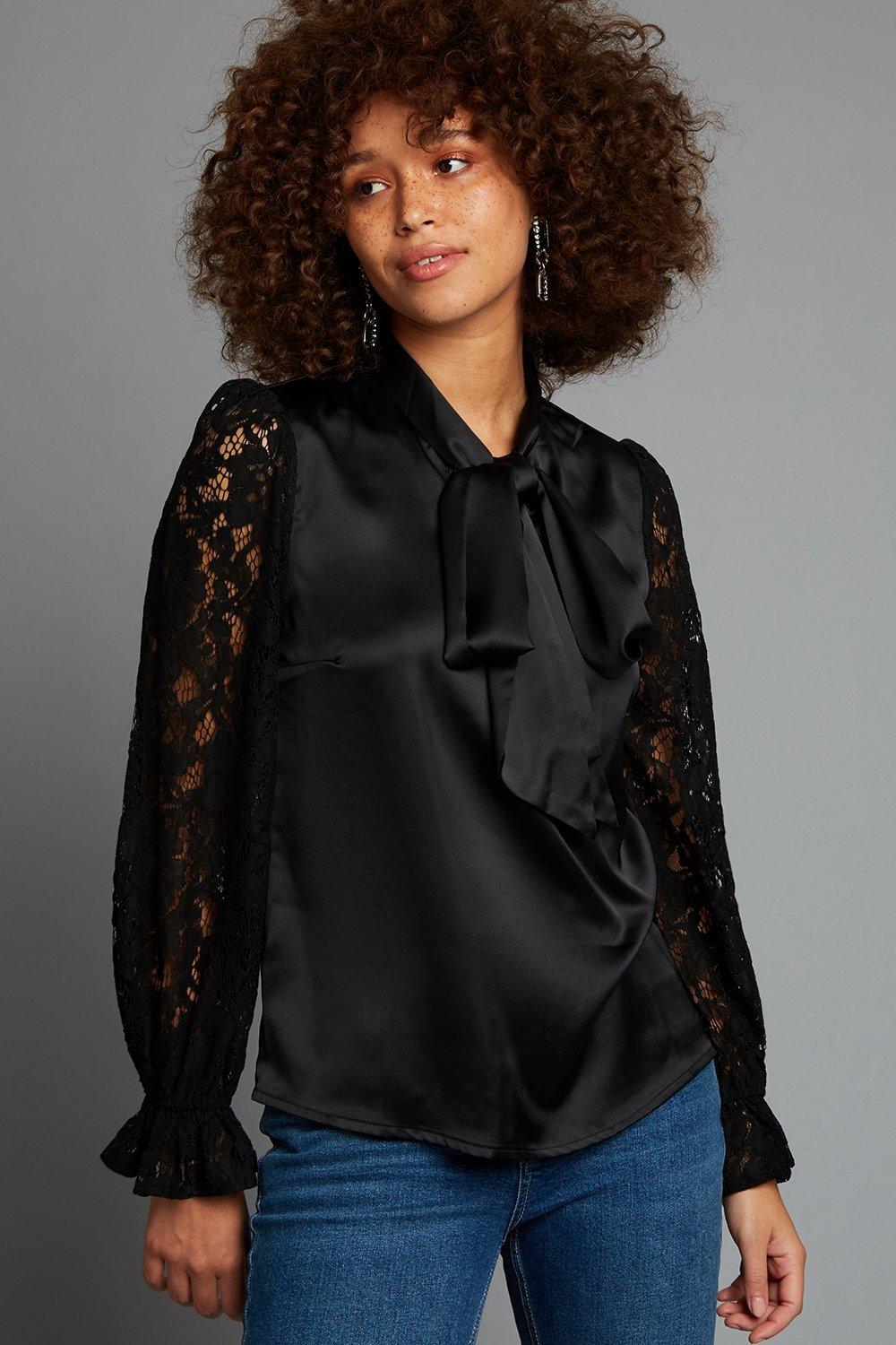 Tops | Black Satin Lace Mix Tie Neck Blouse | Dorothy Perkins