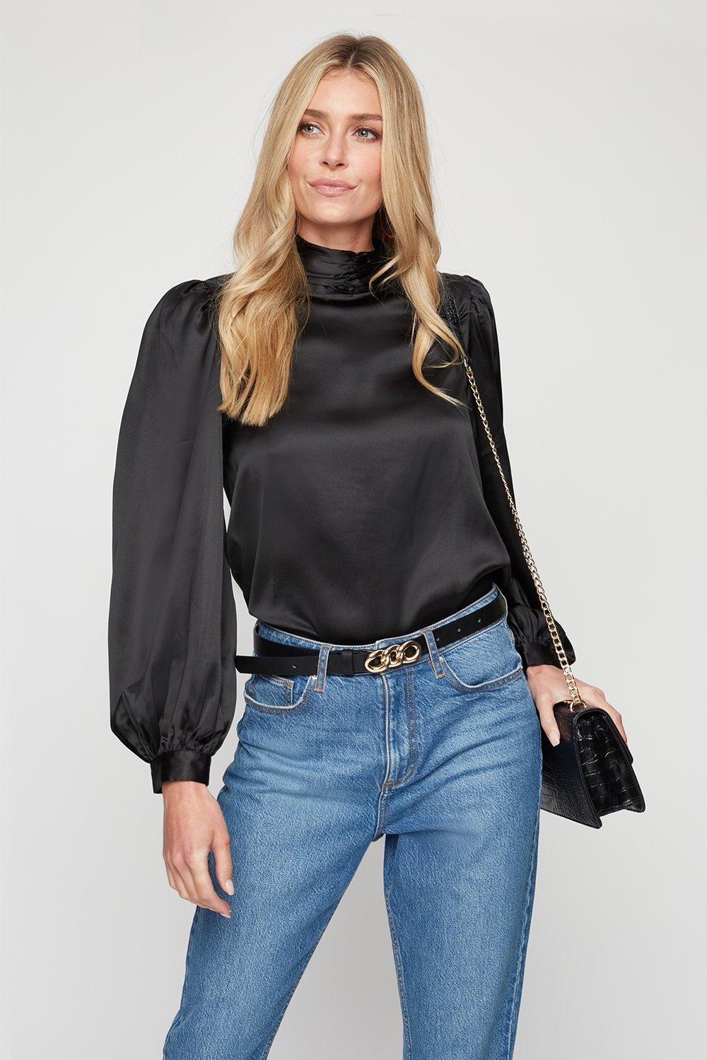 Tops | Black Satin High Neck Top | Dorothy Perkins