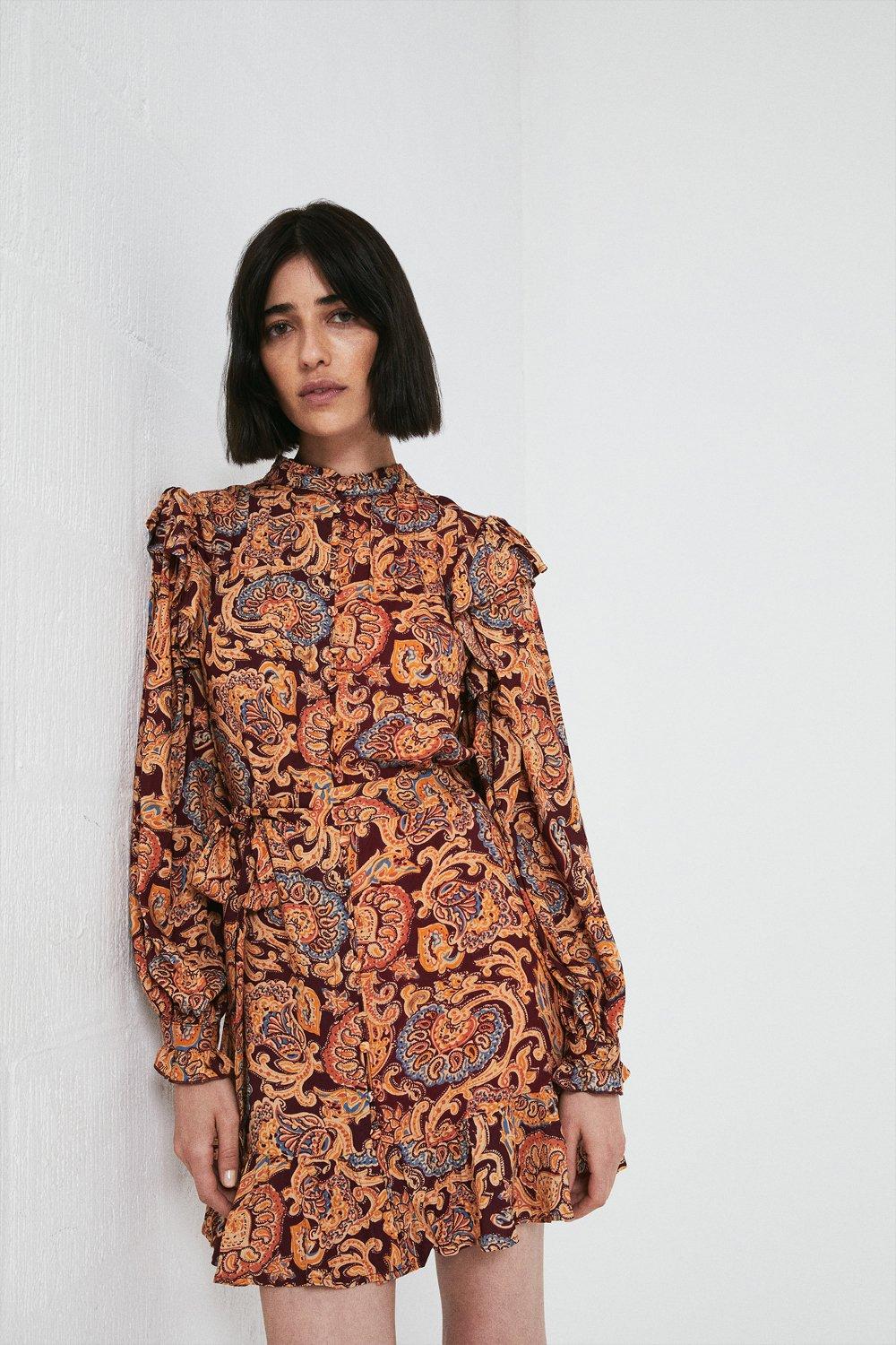 Dresses | Paisley Pin Tuck Ruffle Detail Mini Dress | Warehouse