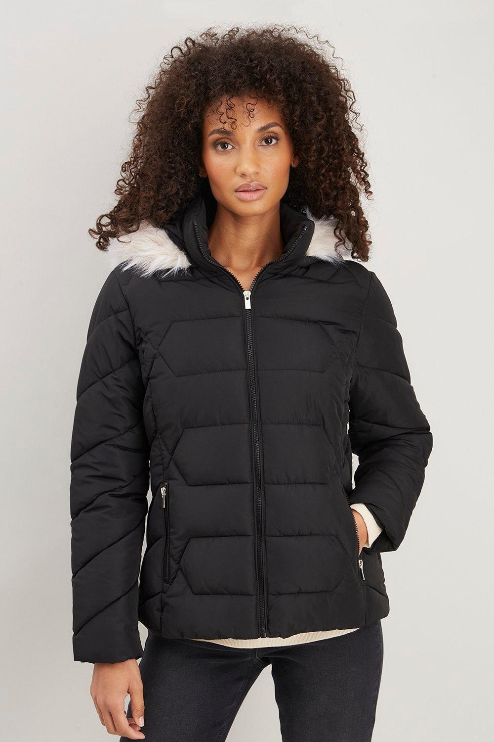 Jackets & Coats | Faux Fur Hood Trim Short Padded Coat | Wallis