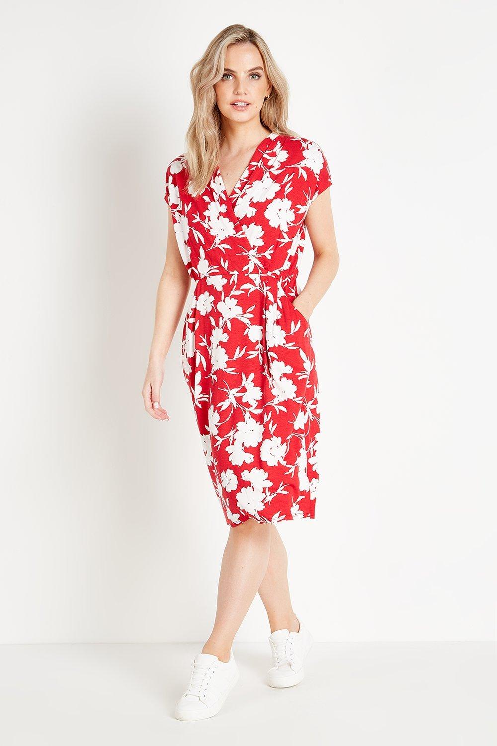 Dresses | Petite Red Floral Jersey Wrap Dress | Wallis