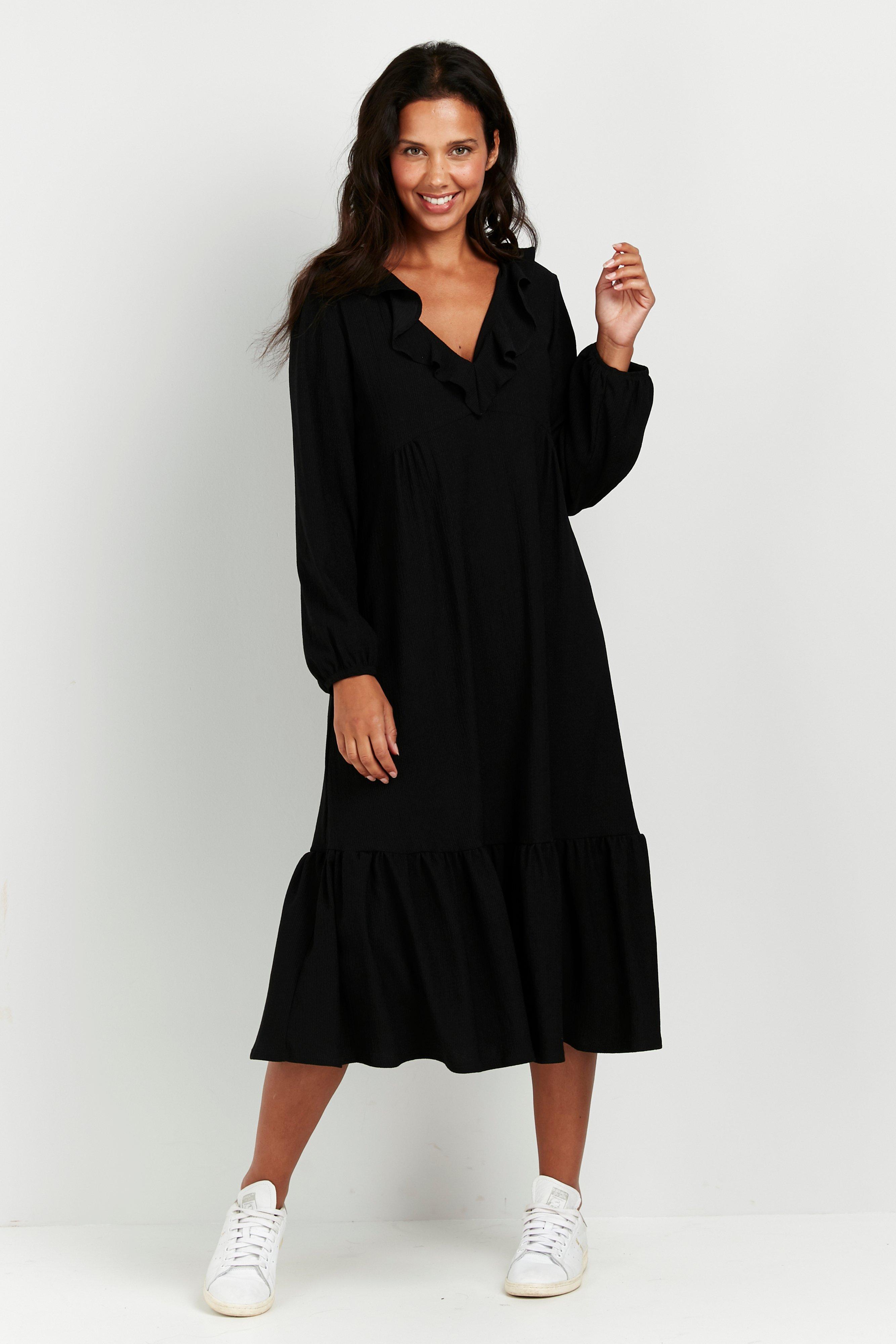 Dresses | Black Frill Detail Midi Dress | Wallis