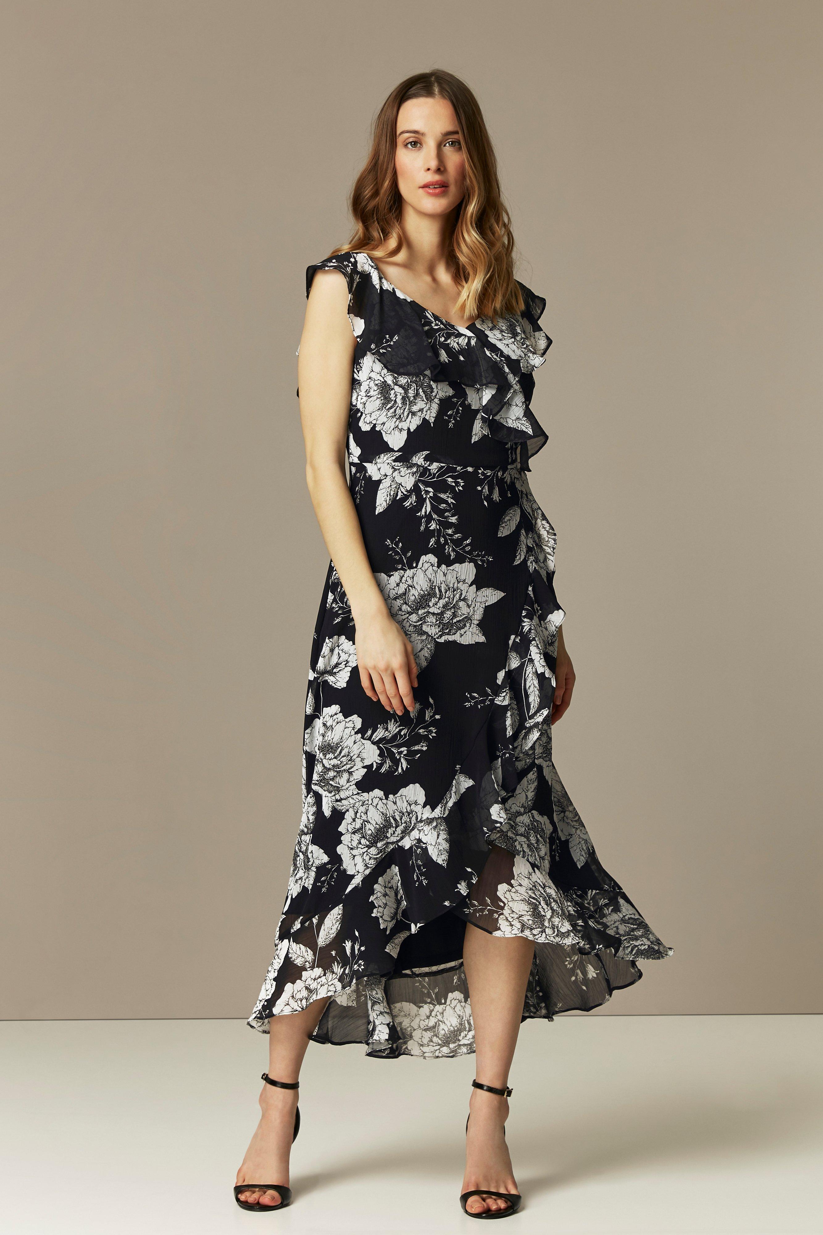 Dresses | Black Floral Print Ruffle Midi Dress | Wallis