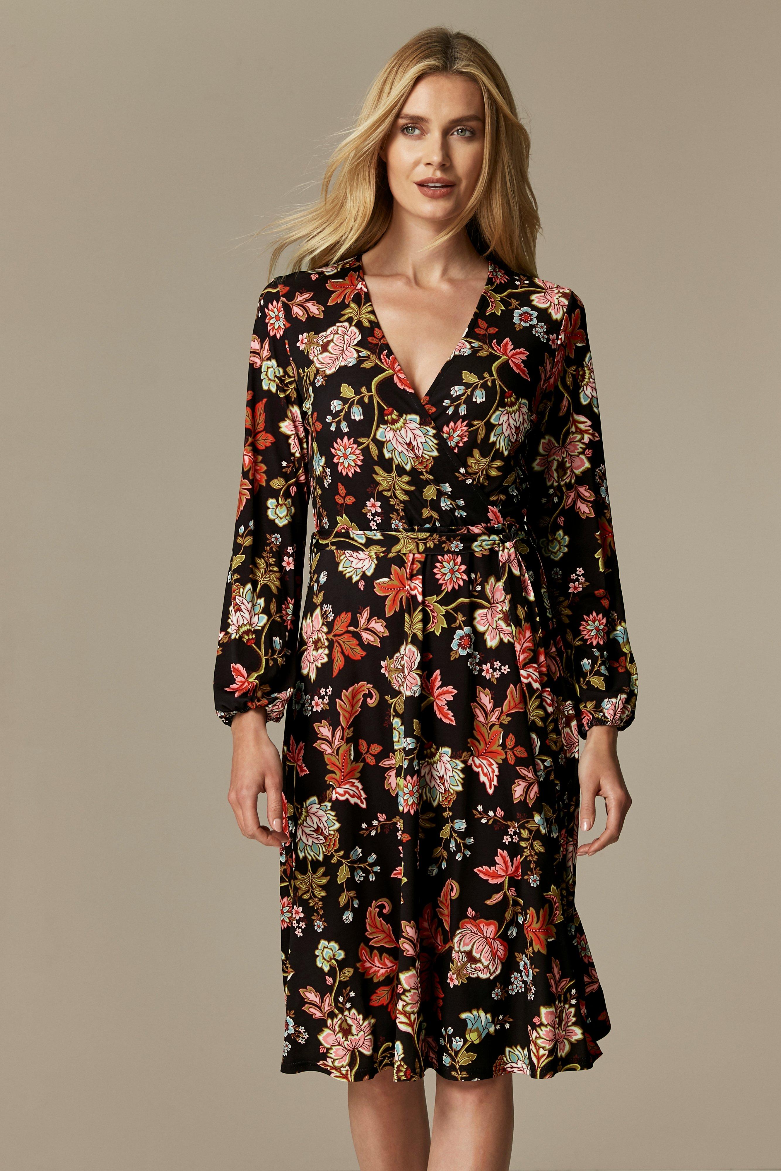 Dresses | Black Floral Print Midi Dress | Wallis