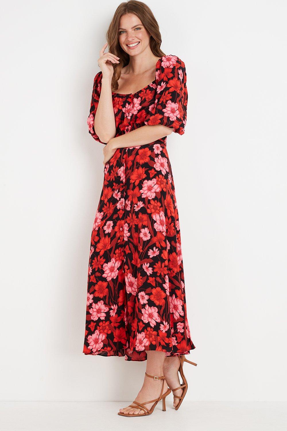 Dresses | Tall Black and Red Floral Square Neck Dress | Wallis