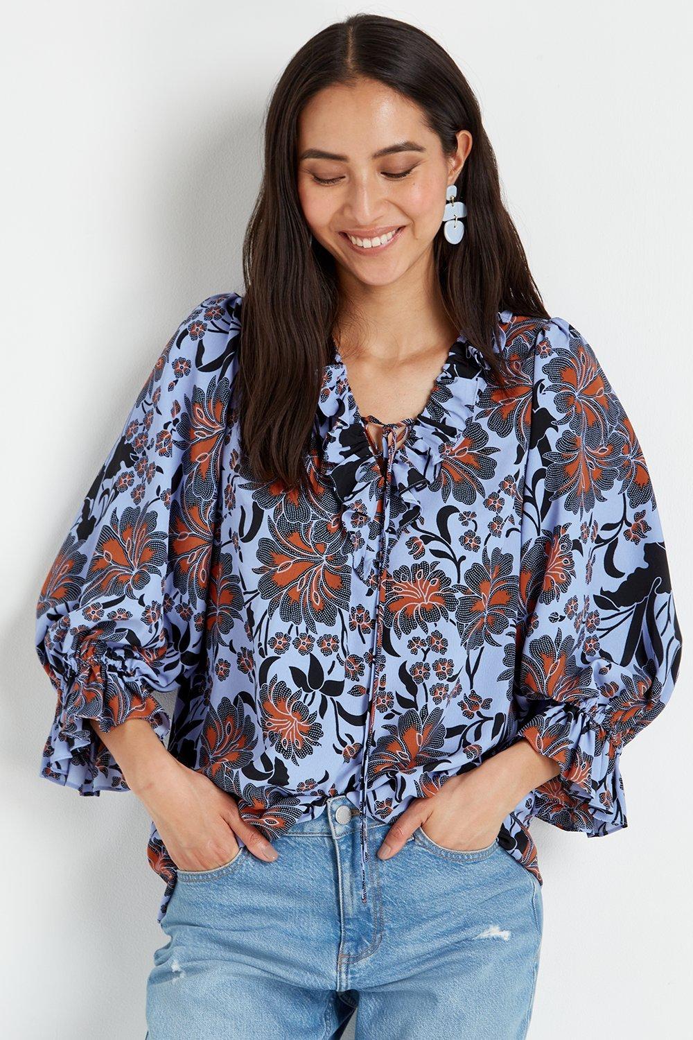 Tops | Blue Floral Puff Sleeve Frill Blouse | Wallis