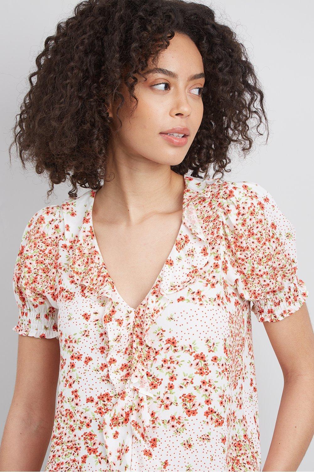 Tops | Ivory Poppy Print Ruffle Front Top | Wallis