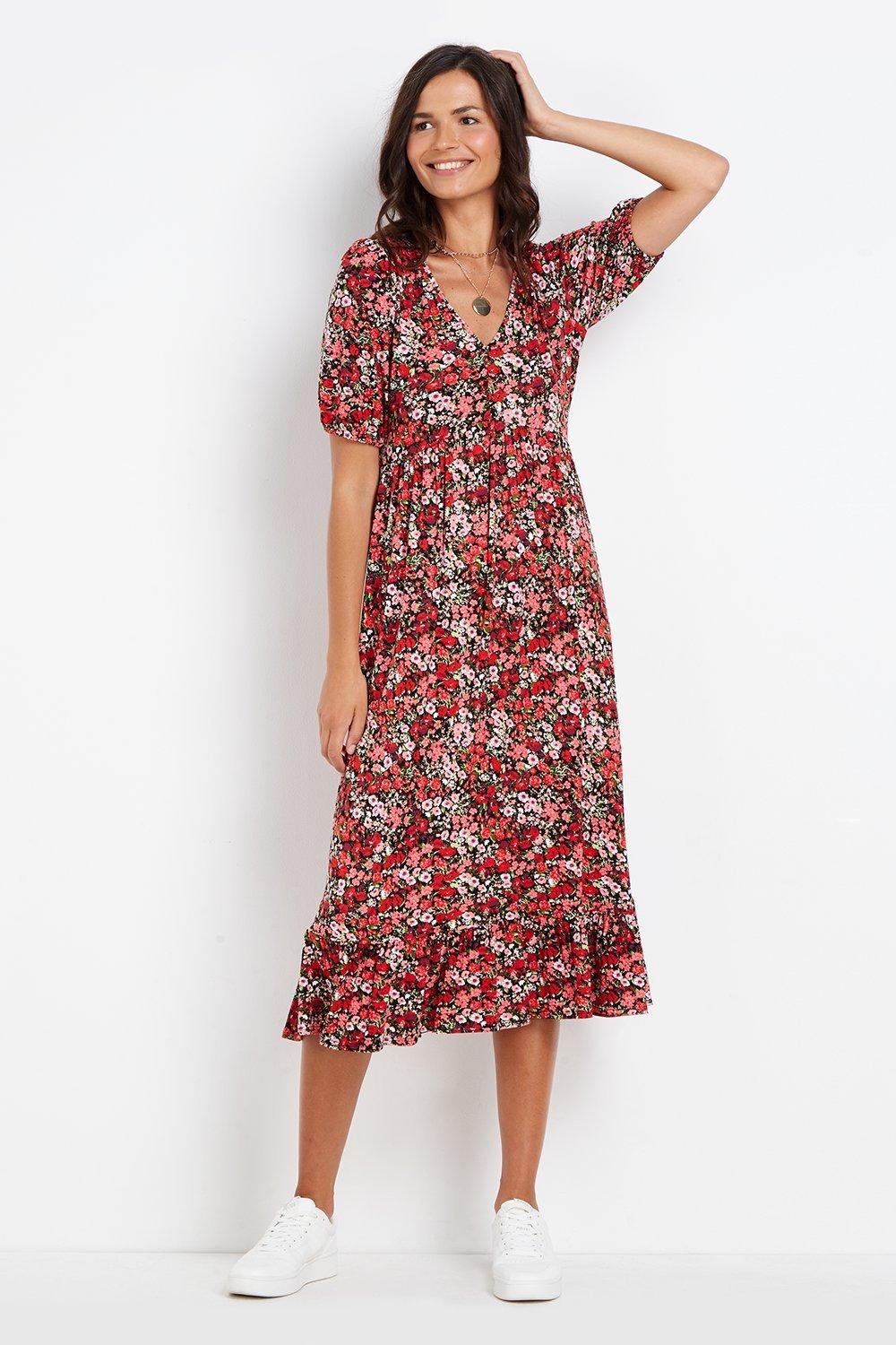 Dresses | Red Floral Tiered Jersey Midi Dress | Wallis