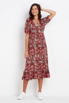 Wallis red Red Floral Tiered Jersey Midi Dress