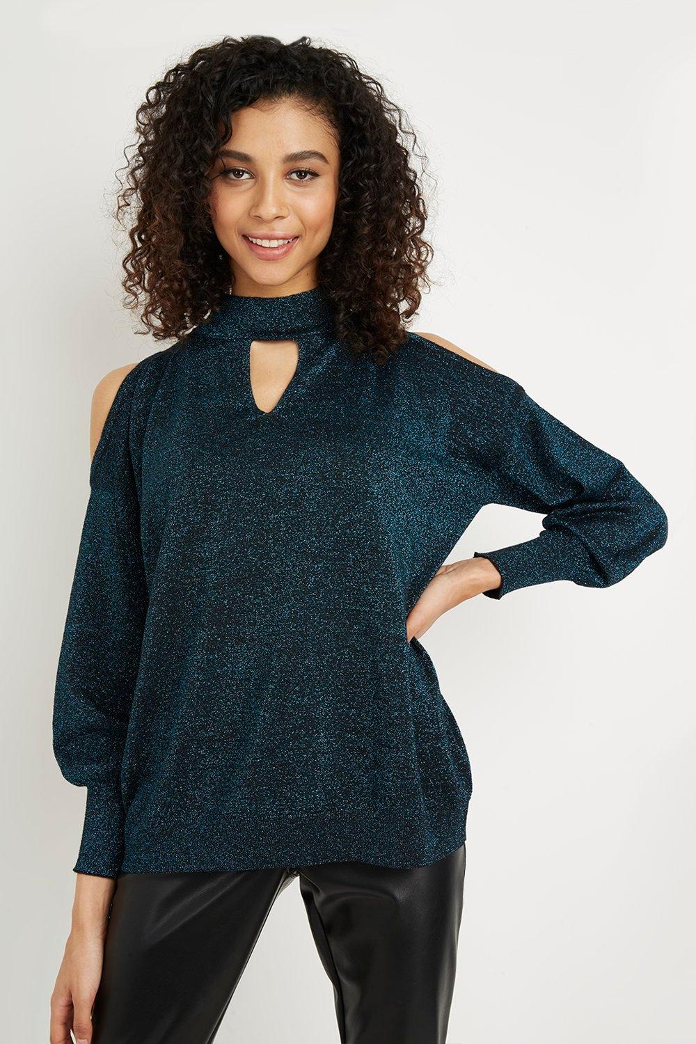 Jumpers & Cardigans | Petite Teal Metallic Cut Out Neck Jumper | Wallis