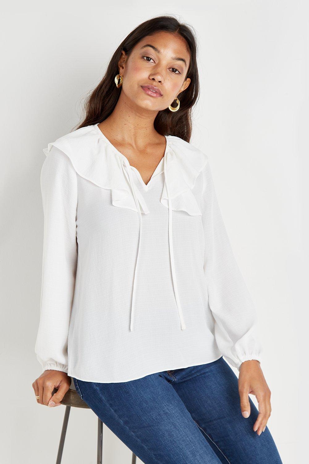 Tops | Ivory Plain Frill Collar Top | Wallis