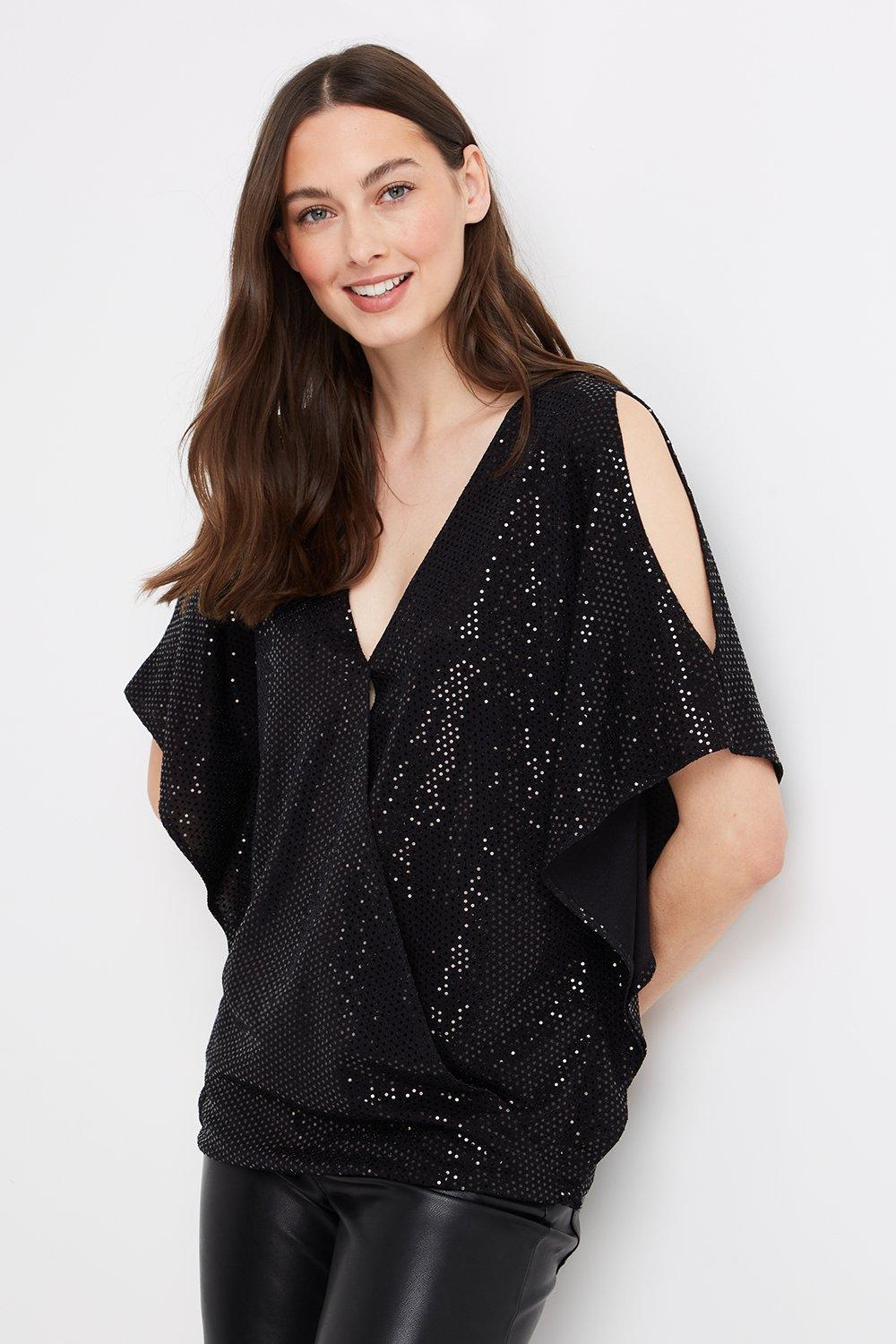 Wallis Tall Black Sequin Wrap Top | Debenhams