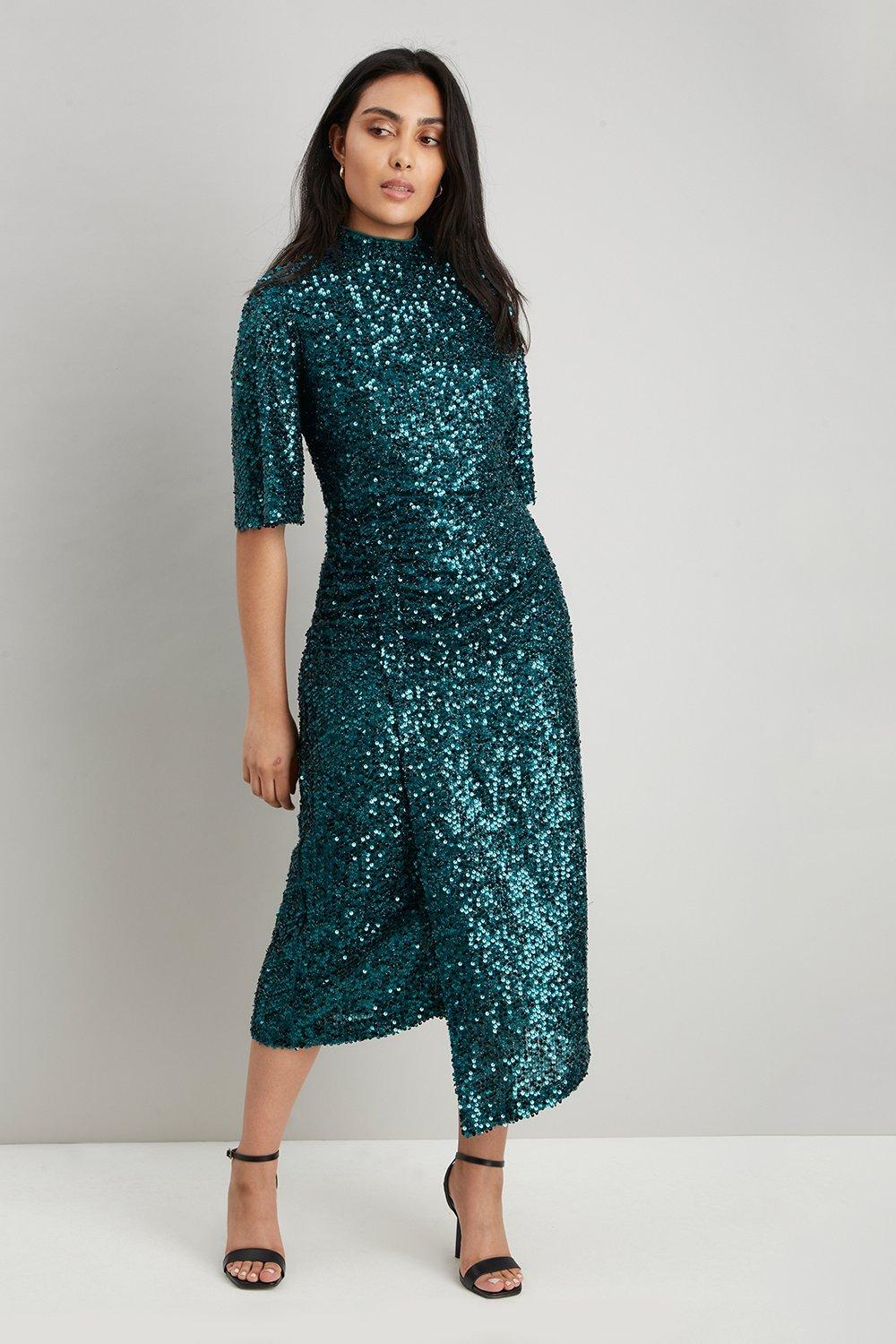 Dresses | Petite Green Sequin Ruched Side Dress | Wallis