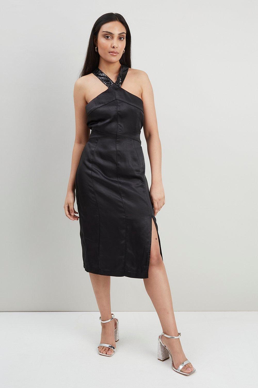womens petite sequin halter neck satin dress