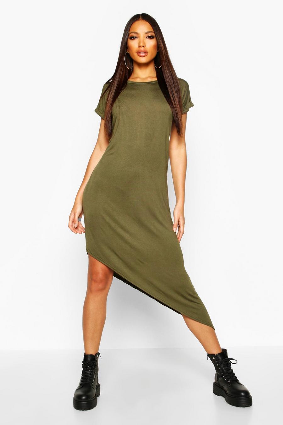 Khaki Asymmetric T-Shirt Midi Dress image number 1