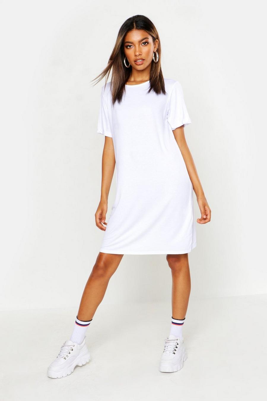 White Basic Turn Back Cuff T-Shirt Dress image number 1
