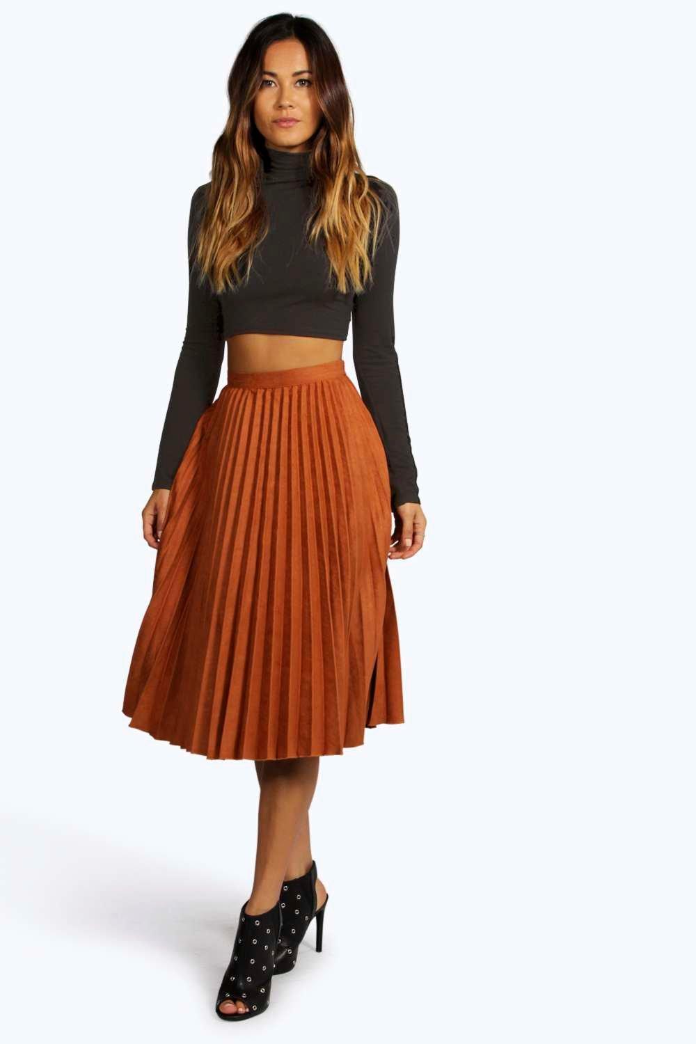 Fiona Faux Suede Pleated Midi Skirt 