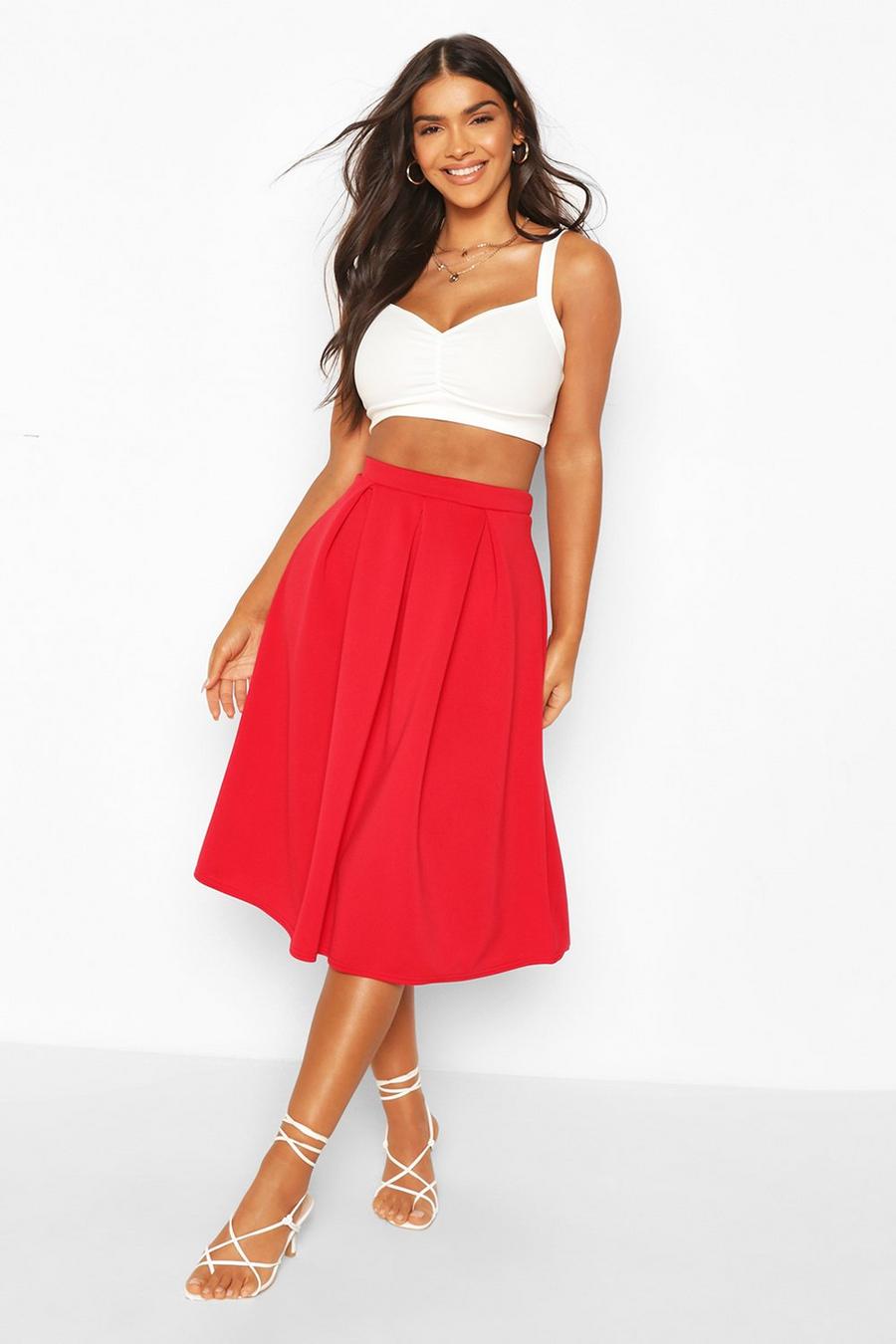 Red Basic Box Pleat Midi Skirt image number 1