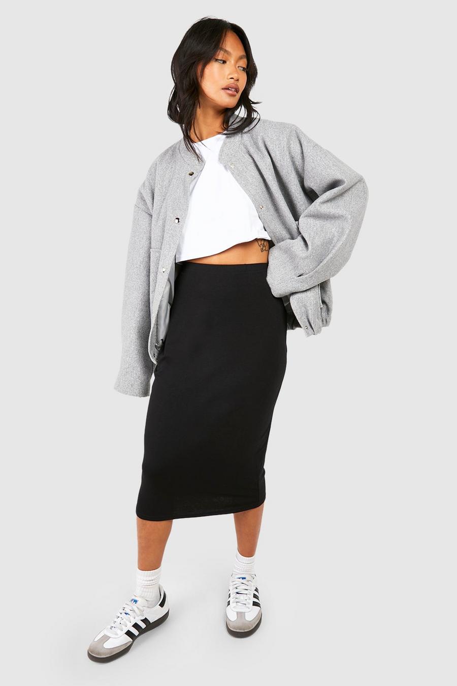 Black Basics High Waisted Jersey Knit Midi Skirt image number 1