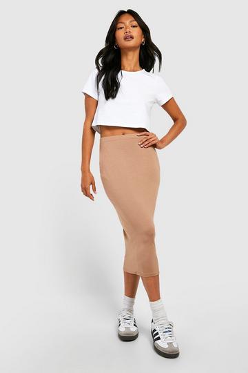 Basics High Waisted Jersey Knit Midi Skirt camel